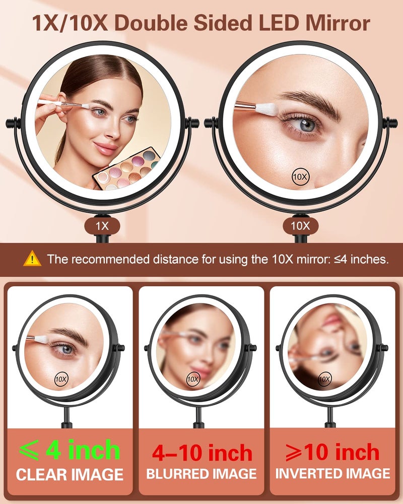Benbilry Lighted Makeup Mirror with 10X Magnification & 3 Color Lights, Adjustable Brightness & Height, 7 Inch 360° Swivel Rechargeable LED Magnifying Make Up Vanity Mirror with Lighting (Black) - Image 4