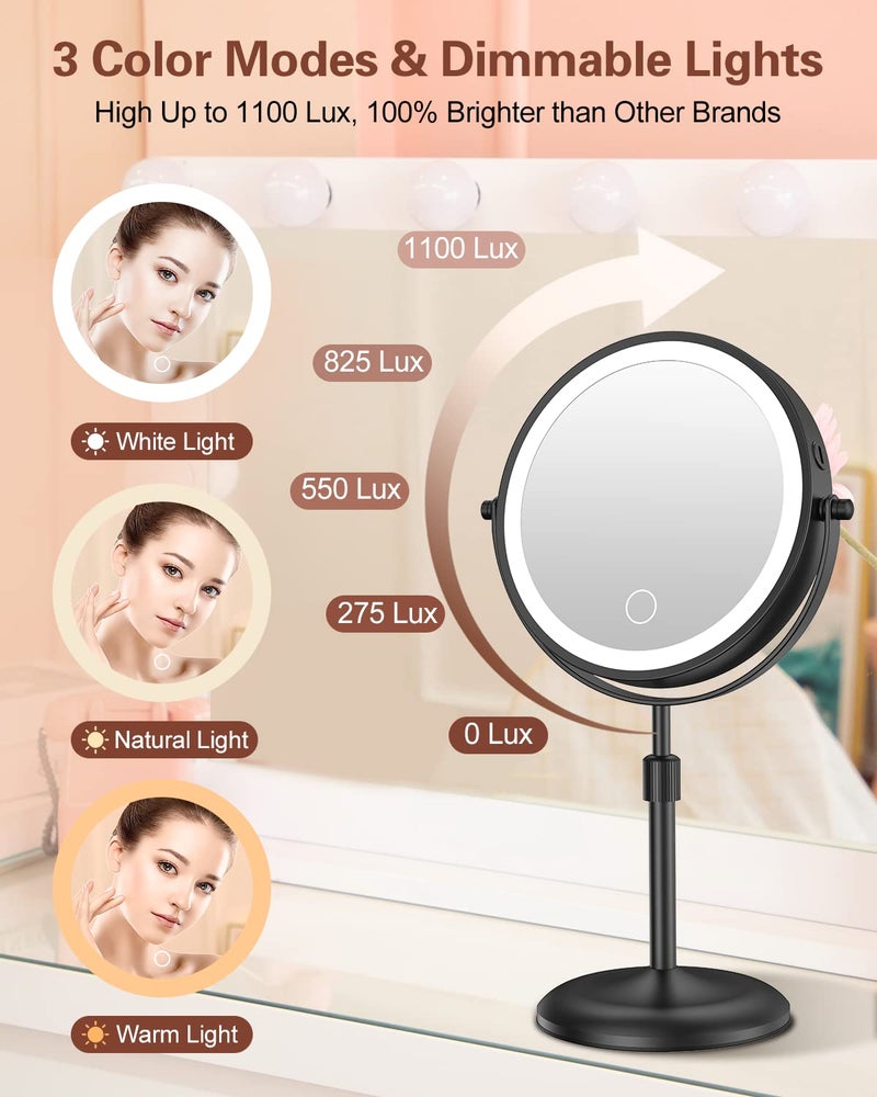 Benbilry Lighted Makeup Mirror with 10X Magnification & 3 Color Lights, Adjustable Brightness & Height, 7 Inch 360° Swivel Rechargeable LED Magnifying Make Up Vanity Mirror with Lighting (Black) - Image 3