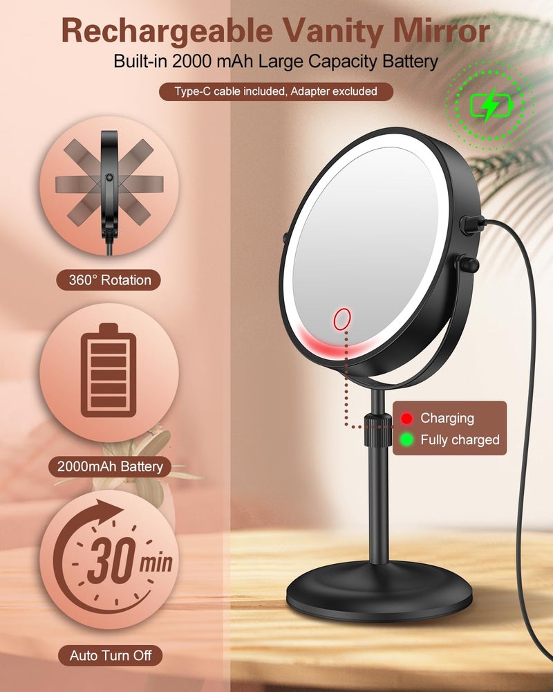 Benbilry Lighted Makeup Mirror with 10X Magnification & 3 Color Lights, Adjustable Brightness & Height, 7 Inch 360° Swivel Rechargeable LED Magnifying Make Up Vanity Mirror with Lighting (Black) - Image 5