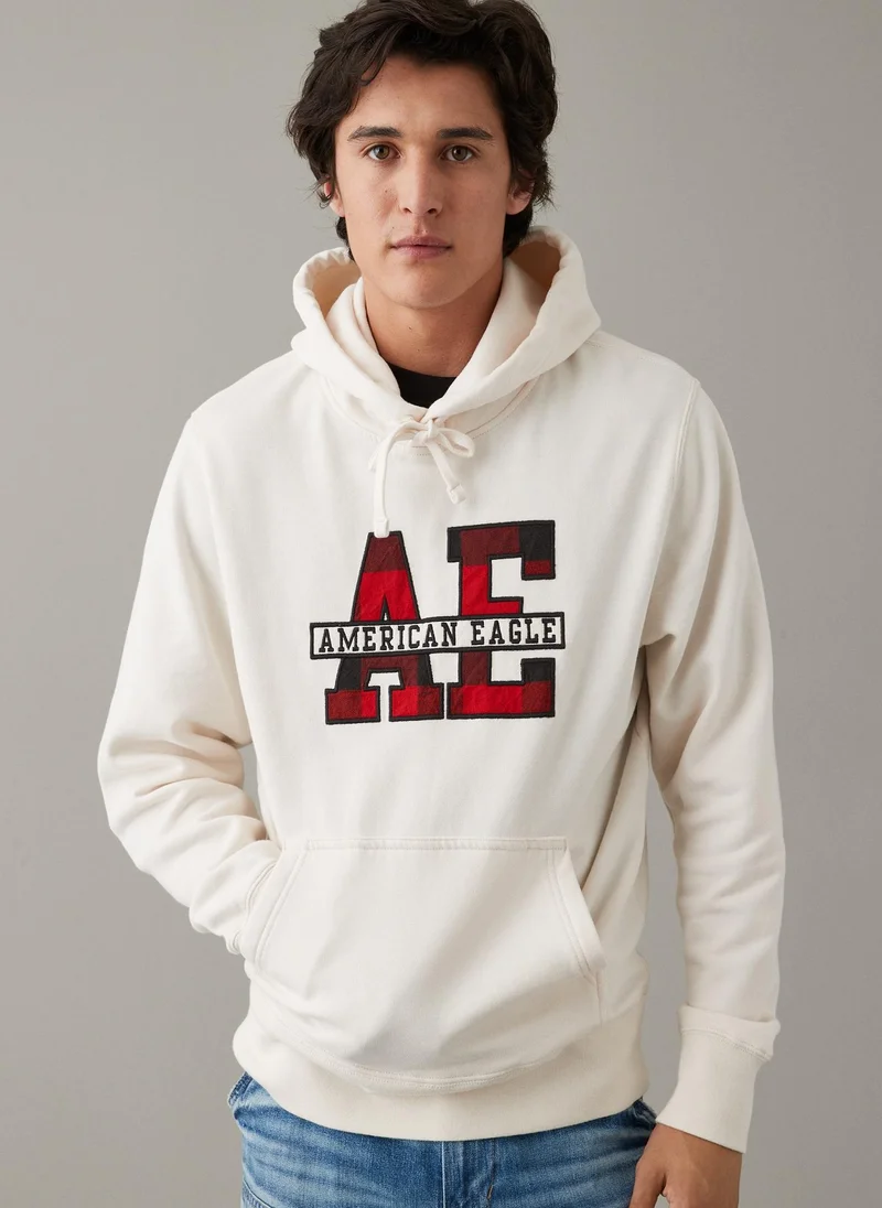 امريكان ايجل Plaid Applique Graphic Drawstring Pullover Hoodie