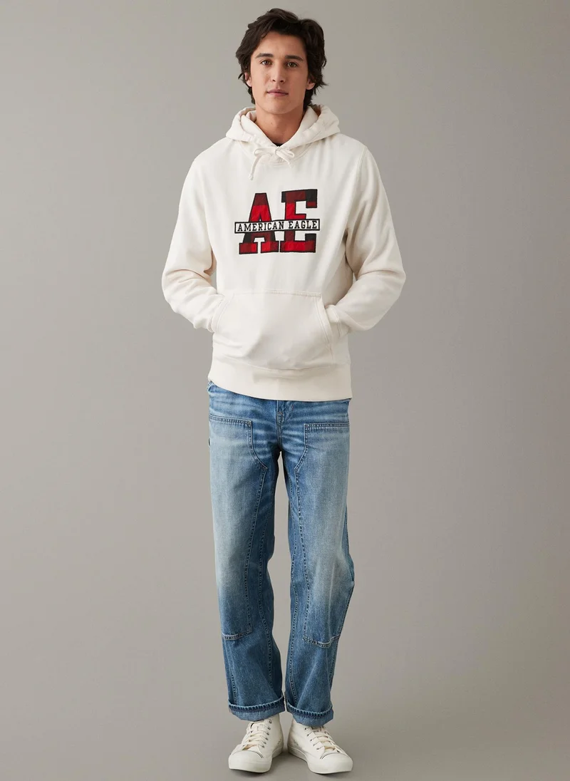 امريكان ايجل Plaid Applique Graphic Drawstring Pullover Hoodie