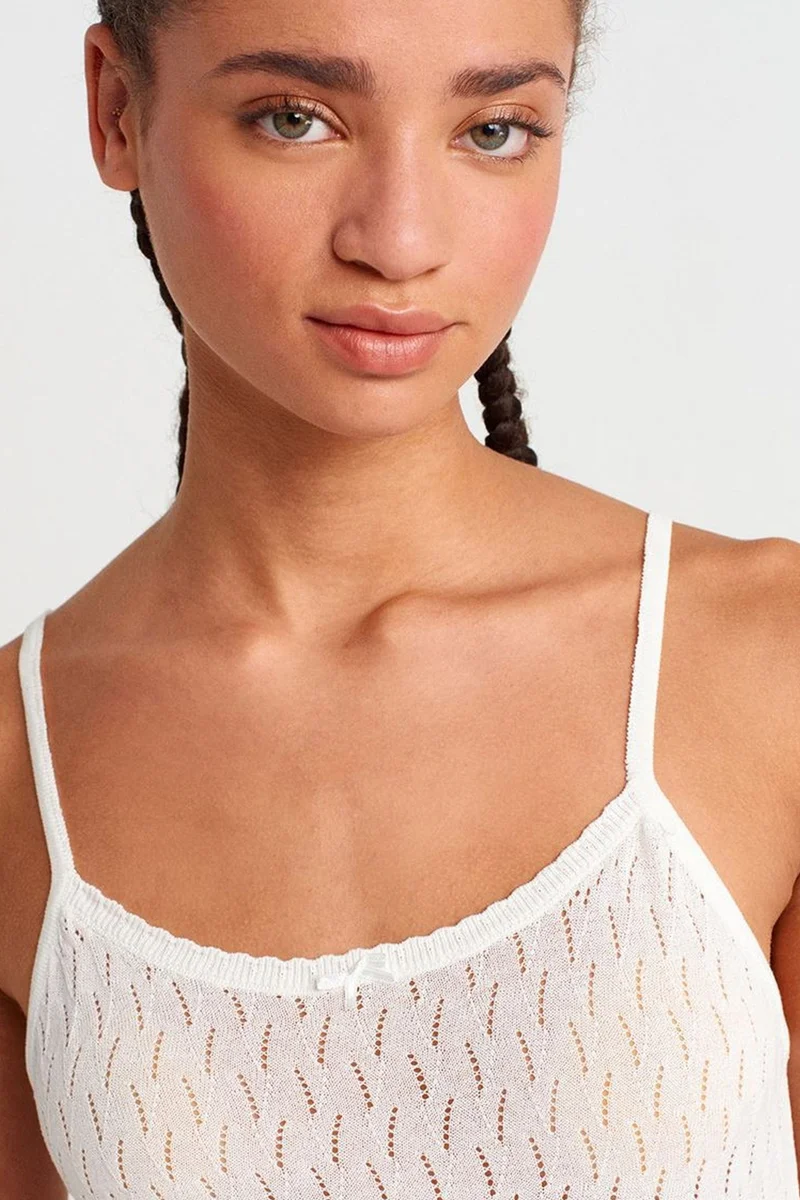 Dilvin White DILVIN Textured Crop Cami Blouse With Bow Detail for Women | Best Price UAE