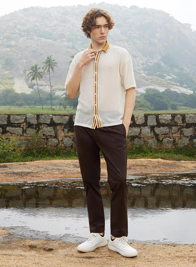 Campus Sutra Men's Saltbox Beige Retro-Knit Oversized Shirt