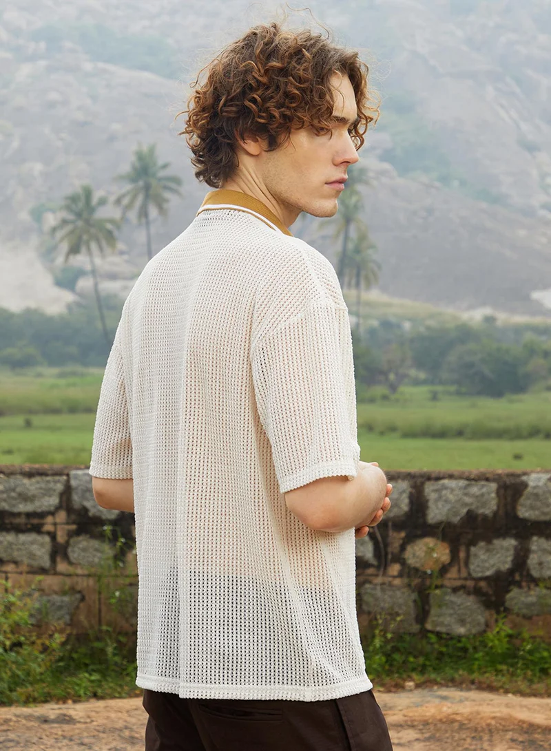 Campus Sutra Men's Saltbox Beige Retro-Knit Oversized Shirt