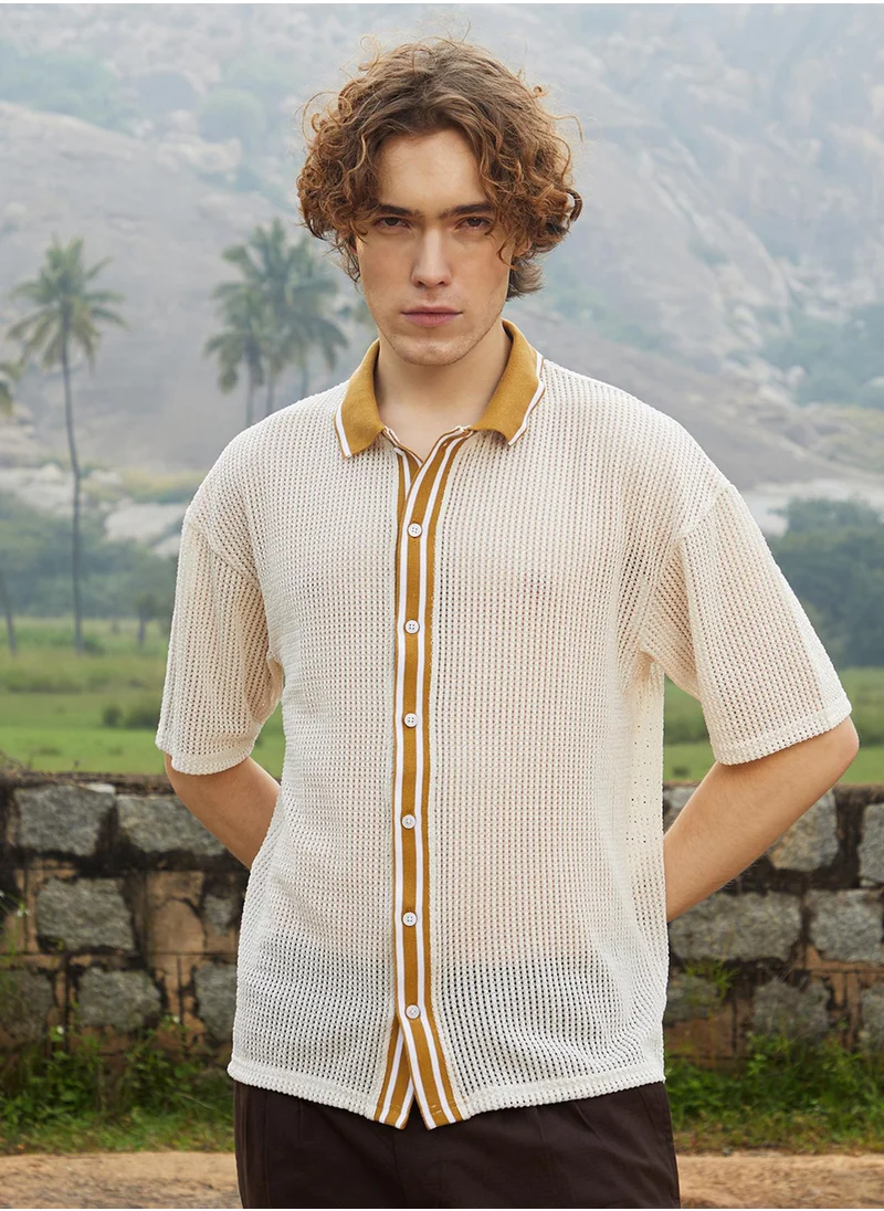 كامبوس سوترا Men's Saltbox Beige Retro-Knit Oversized Shirt