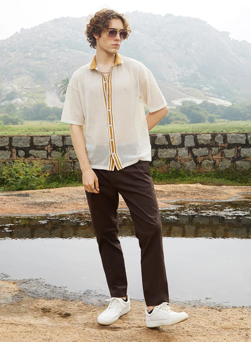 Campus Sutra Men's Saltbox Beige Retro-Knit Oversized Shirt