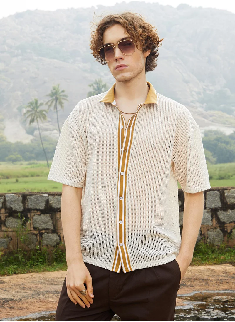 كامبوس سوترا Men's Saltbox Beige Retro-Knit Oversized Shirt