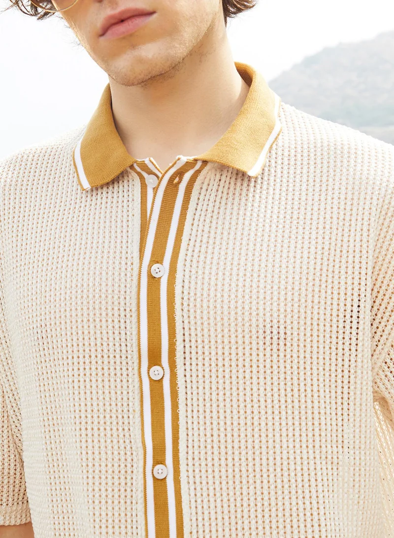 Campus Sutra Men's Saltbox Beige Retro-Knit Oversized Shirt