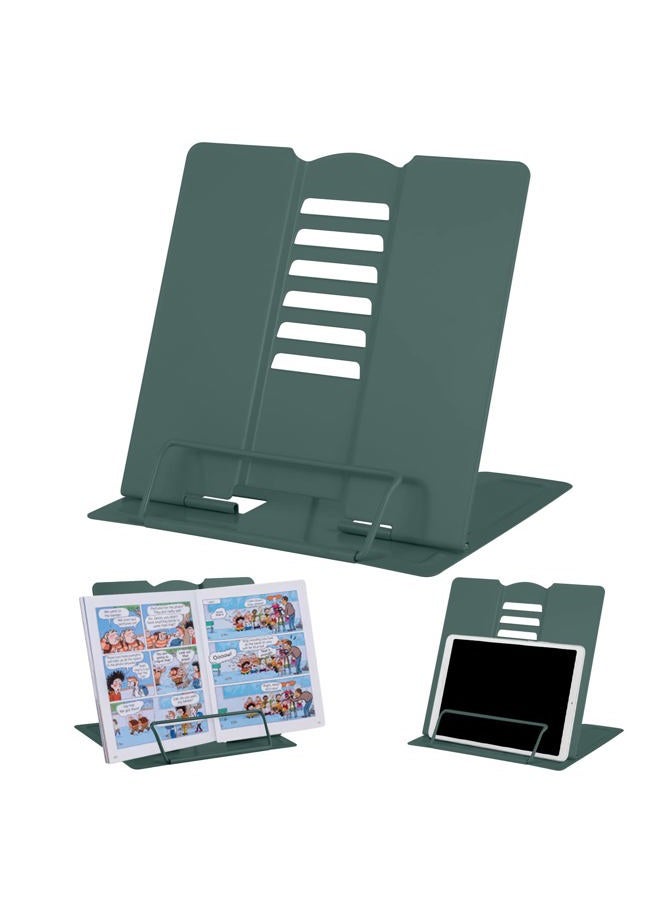 MSDADA Desk Book Stand, Metal Reading Rest-Adjustable Cookbook Holder for Textbooks Recipes Music Books Tablet-with Page Clips(Morandi Green) - Image 1