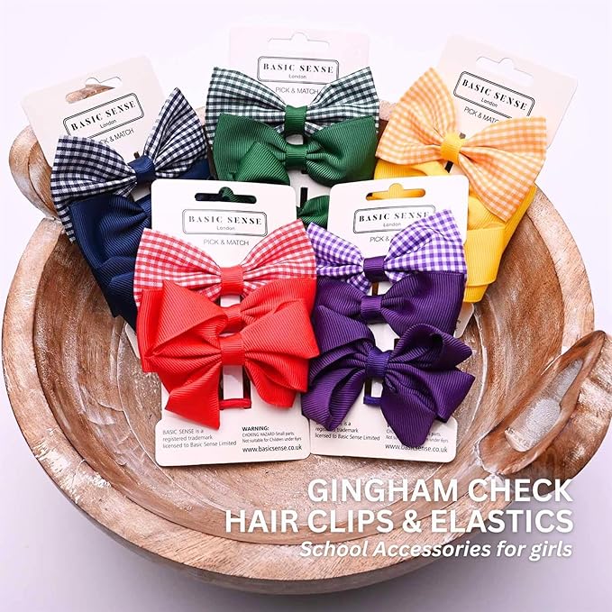 Basic Sense School Bow Hair Clips and Elastic Plain Gingham Set Accessories for Girls Mid Blue