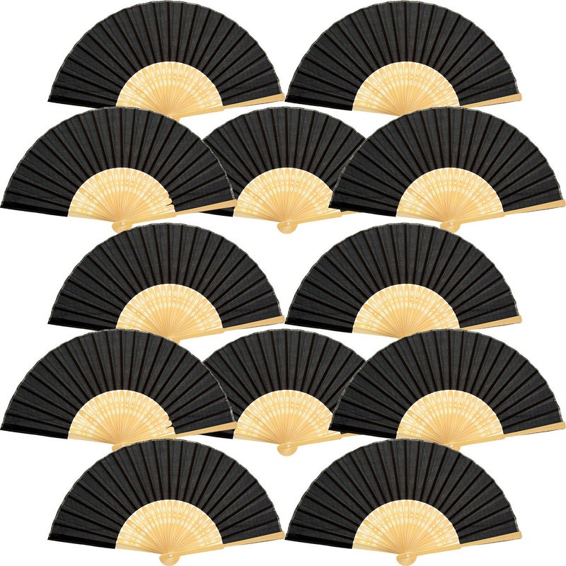 Bememo Bememo Hand Held Fans Silk Bamboo Folding Fans Handheld Folded Fan for Church Wedding Gift Party Favors DIY Decoration 12 Pack Black