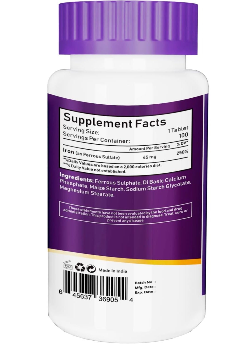 Nbl Natural Iron High Potency Ferrous Sulfate Iron Supplement 45Mg Tablets 100'S