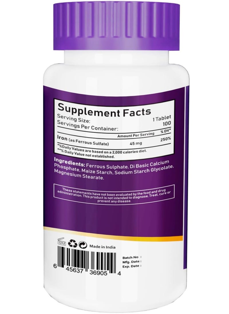 NBL Natural Iron High Potency Ferrous Sulfate Iron Supplement 45 mg 100 Tablets  - Image 2