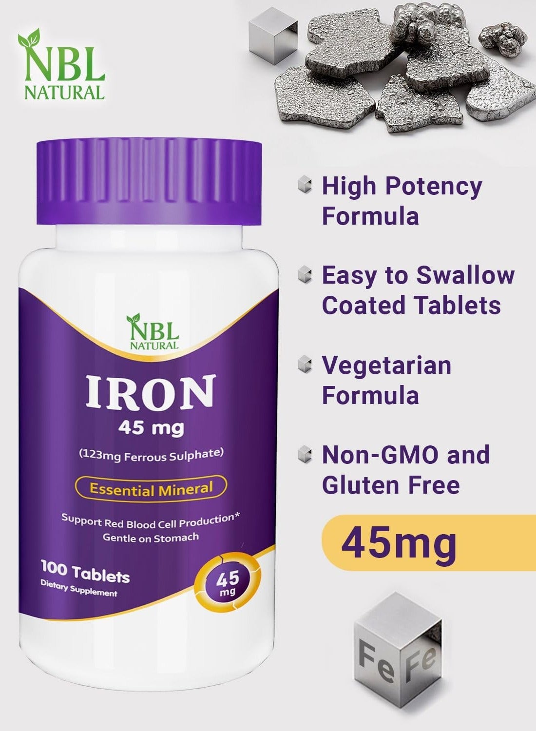 Nbl Natural Iron High Potency Ferrous Sulfate Iron Supplement 45Mg Tablets 100'S