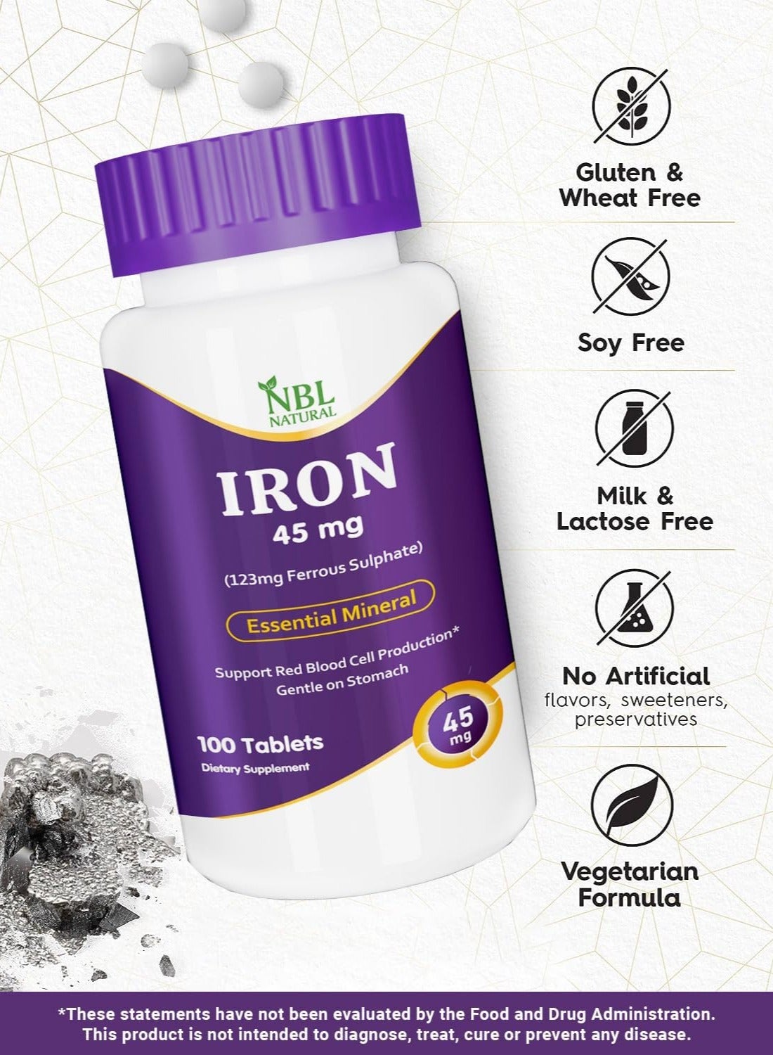 Nbl Natural Iron High Potency Ferrous Sulfate Iron Supplement 45Mg Tablets 100'S