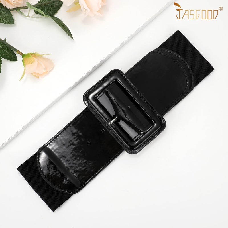 JASGOOD Women Wide Stretchy Belt Vintage Elastic Waist Belt for Dresses Fashion Ladies Waist Patent Leather Belt with Square Buckle - Image 4