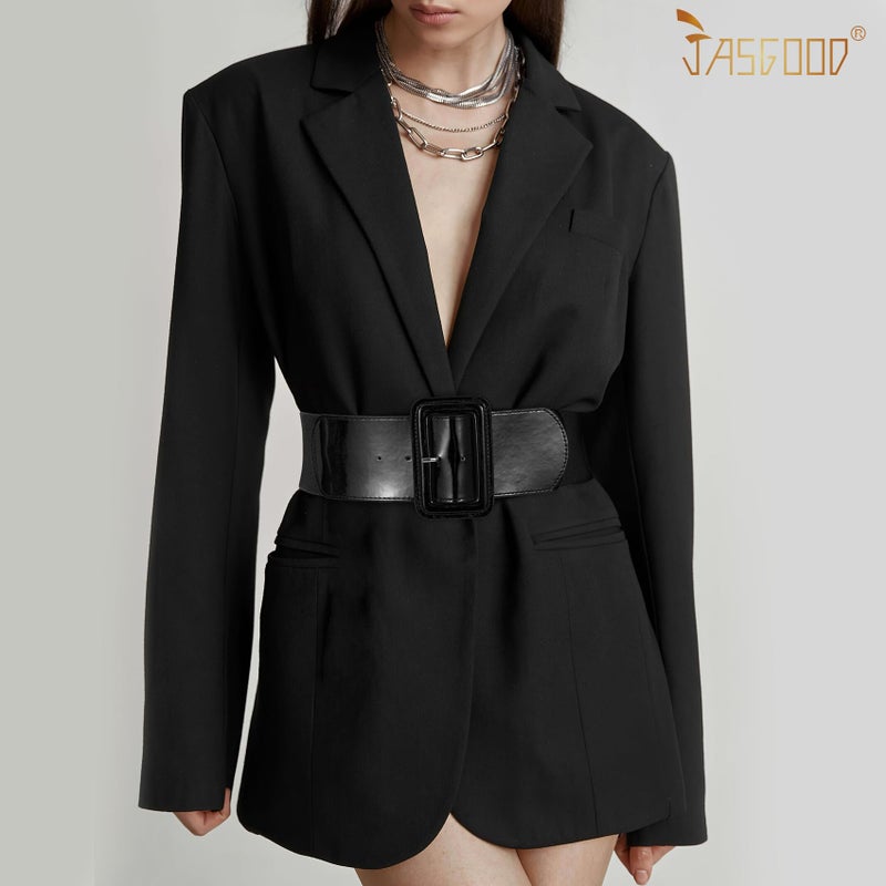 JASGOOD Women Wide Stretchy Belt Vintage Elastic Waist Belt for Dresses Fashion Ladies Waist Patent Leather Belt with Square Buckle - Image 3