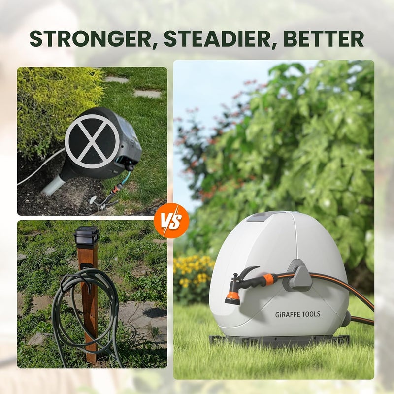 Giraffe Tools Retractable Garden Hose Reel 30M, Heavy Duty Compact Ground Mount Hose Reel with 7 Function Sprayer Nozzle & Flexible Swivel Base - Image 3