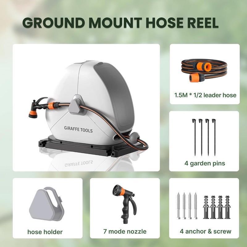 Giraffe Tools Retractable Garden Hose Reel 30M, Heavy Duty Compact Ground Mount Hose Reel with 7 Function Sprayer Nozzle & Flexible Swivel Base - Image 4