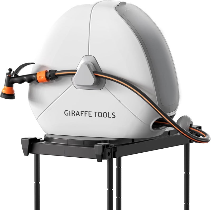 Giraffe Tools Retractable Garden Hose Reel 30M, Heavy Duty Compact Ground Mount Hose Reel with 7 Function Sprayer Nozzle & Flexible Swivel Base - Image 1