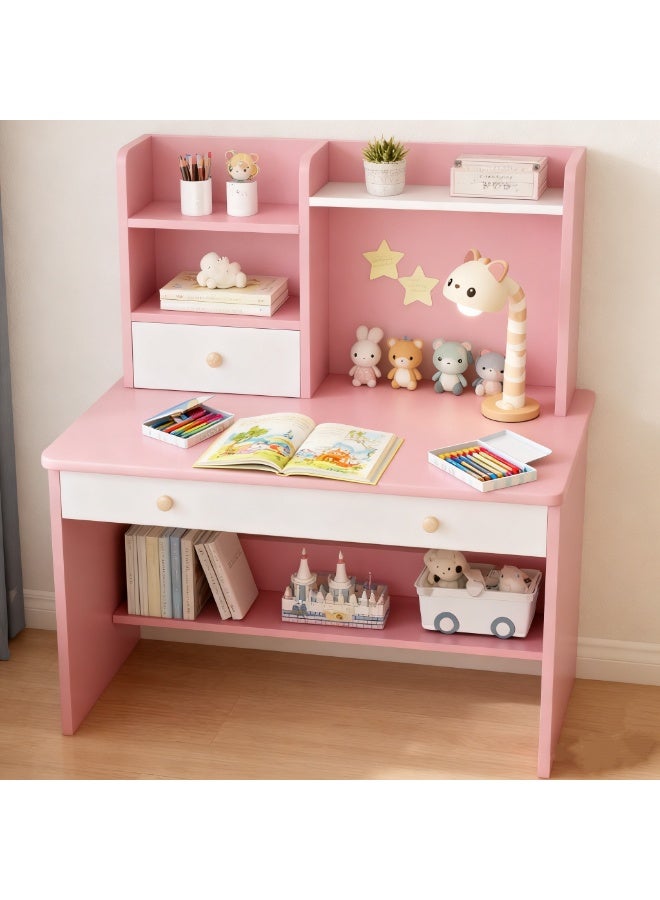  CityRiya-Long مكتب دراسة الأطفال ، طاولة تعلم الأطفال مع رف كتب متعدد الطبقات ، مكتب كتابة الطلاب ومكتب الكمبيوتر للأطفال ، مكتب ألعاب الأطفال للمدرسة المنزلية / غرفة النوم ، طاولة نشاط خشبية واسعة للقراءة / الكتابة / الألعاب (الوردي) - Image 1