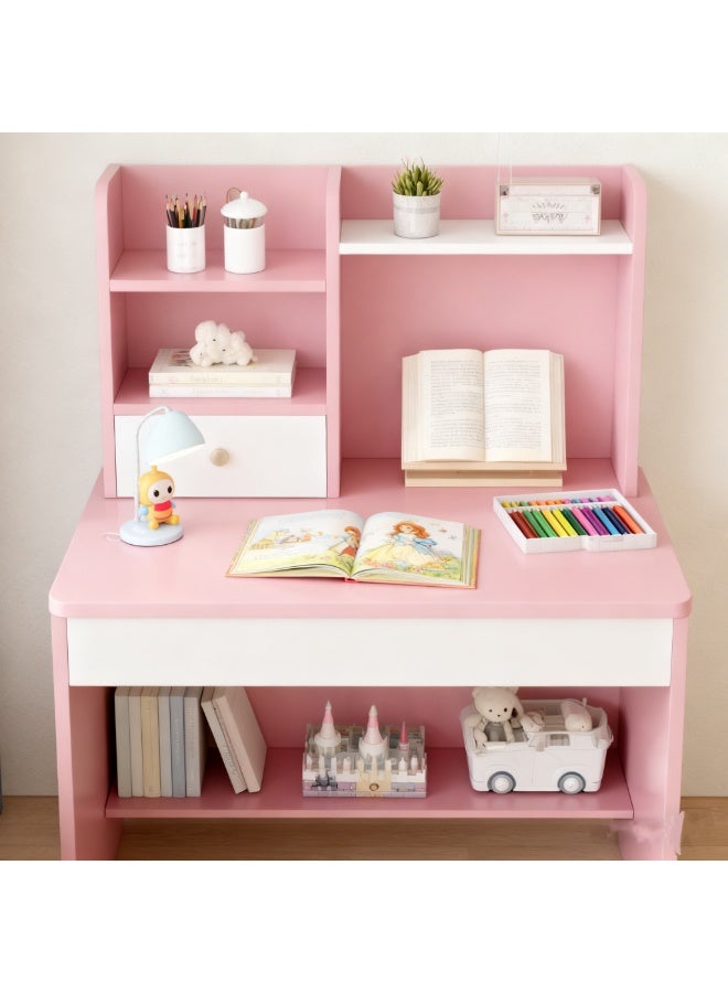  CityRiya-Long مكتب دراسة الأطفال ، طاولة تعلم الأطفال مع رف كتب متعدد الطبقات ، مكتب كتابة الطلاب ومكتب الكمبيوتر للأطفال ، مكتب ألعاب الأطفال للمدرسة المنزلية / غرفة النوم ، طاولة نشاط خشبية واسعة للقراءة / الكتابة / الألعاب (الوردي) - Image 5