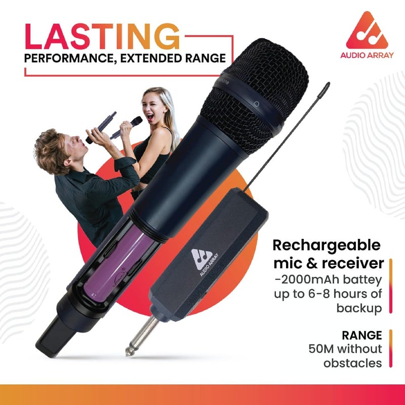 Audio Array ميكروفونات معدنية مزدوجة لاسلكية فاخرة AM-W32 UHF | بطارية مدمجة 2000mAh 6-8 ساعات | شحن Type-C | مدى 60م | غناء كاريوكي، زفاف، حدث | تحكم مدمج في الصوت والصدى - Image 3