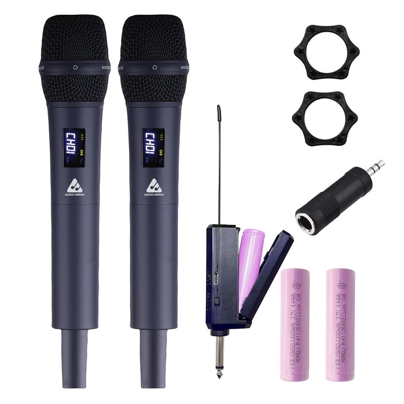 Audio Array ميكروفونات معدنية مزدوجة لاسلكية فاخرة AM-W32 UHF | بطارية مدمجة 2000mAh 6-8 ساعات | شحن Type-C | مدى 60م | غناء كاريوكي، زفاف، حدث | تحكم مدمج في الصوت والصدى - Image 1