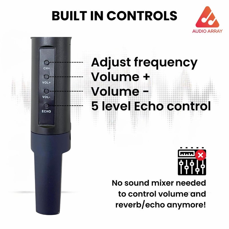 Audio Array ميكروفونات معدنية مزدوجة لاسلكية فاخرة AM-W32 UHF | بطارية مدمجة 2000mAh 6-8 ساعات | شحن Type-C | مدى 60م | غناء كاريوكي، زفاف، حدث | تحكم مدمج في الصوت والصدى - Image 4