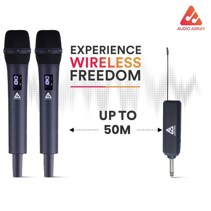 Audio Array ميكروفونات معدنية مزدوجة لاسلكية فاخرة AM-W32 UHF | بطارية مدمجة 2000mAh 6-8 ساعات | شحن Type-C | مدى 60م | غناء كاريوكي، زفاف، حدث | تحكم مدمج في الصوت والصدى - Image 5