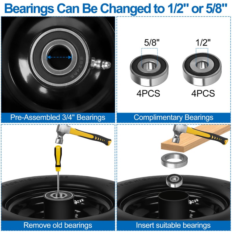 phepetroll 11x6.00-5 Flat Free Lawn Mower Tires and Wheels 3/4" 5/8" 1/2" Ball Bearings, 6"-8" Centered Hub 11x6-5 Zero Turn Mower Front Tires, Smooth Wheels for Commercial Grade Lawn - Image 3