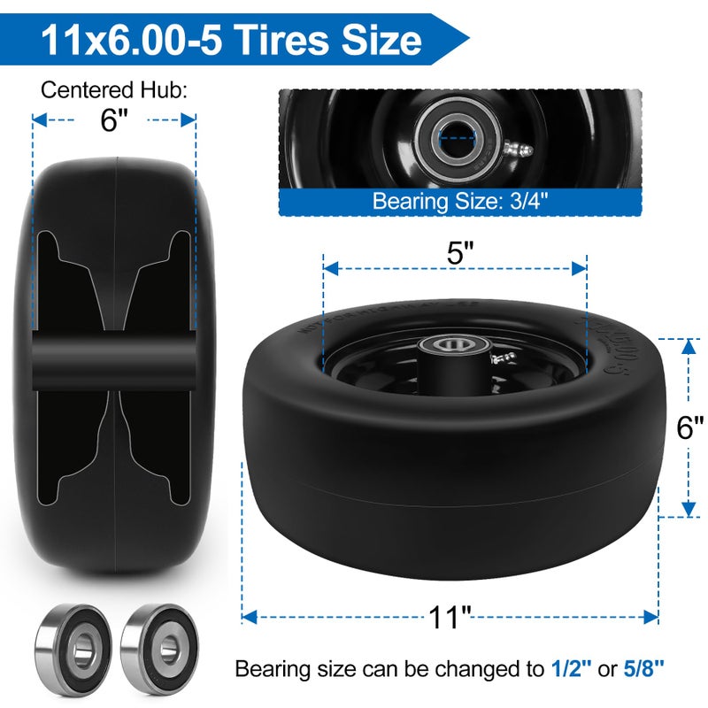 phepetroll 11x6.00-5 Flat Free Lawn Mower Tires and Wheels 3/4" 5/8" 1/2" Ball Bearings, 6"-8" Centered Hub 11x6-5 Zero Turn Mower Front Tires, Smooth Wheels for Commercial Grade Lawn - Image 2