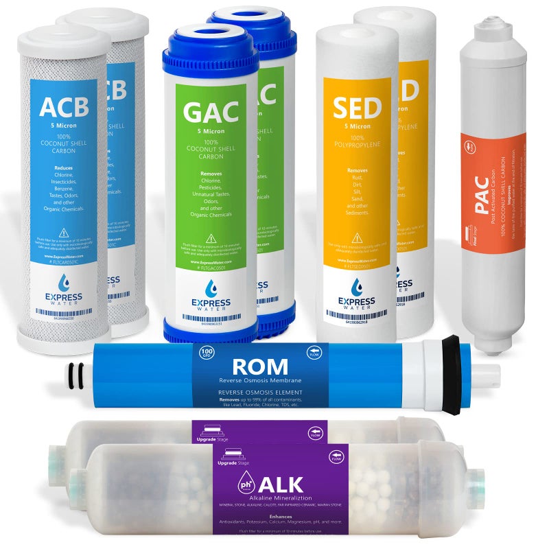 Express Water 1 Year Alkaline Reverse Osmosis System Replacement Filter Set 10 Filters with 100 GPD RO Membrane 10 inch Size Water Filters
