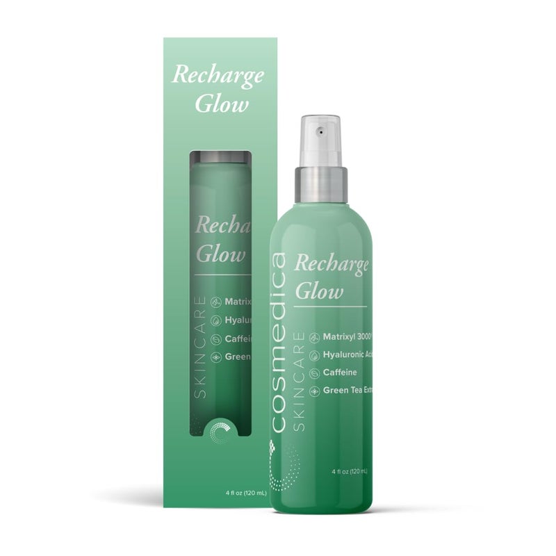 Cosmedica Skincare Recharge Glow Mist with Caffeine, Green Tea Extract, Hyaluronic Acid & Matrixyl 3000 for Energized Skin â€“ 4 oz