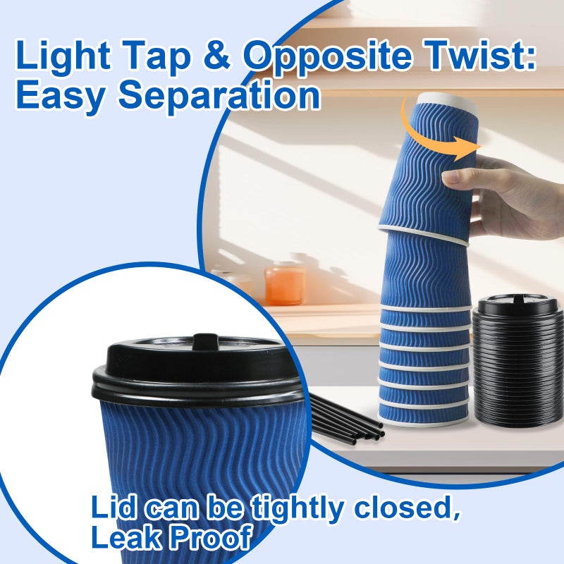 RAZCC Coffee Cups, 90 Pack 16 oz Disposable Blue Insulated Paper Cups, Corrugated Kraft Ripple Wall Cup, Comes with lids and straws Suitable for Hot and Cold Drinks - Image 4