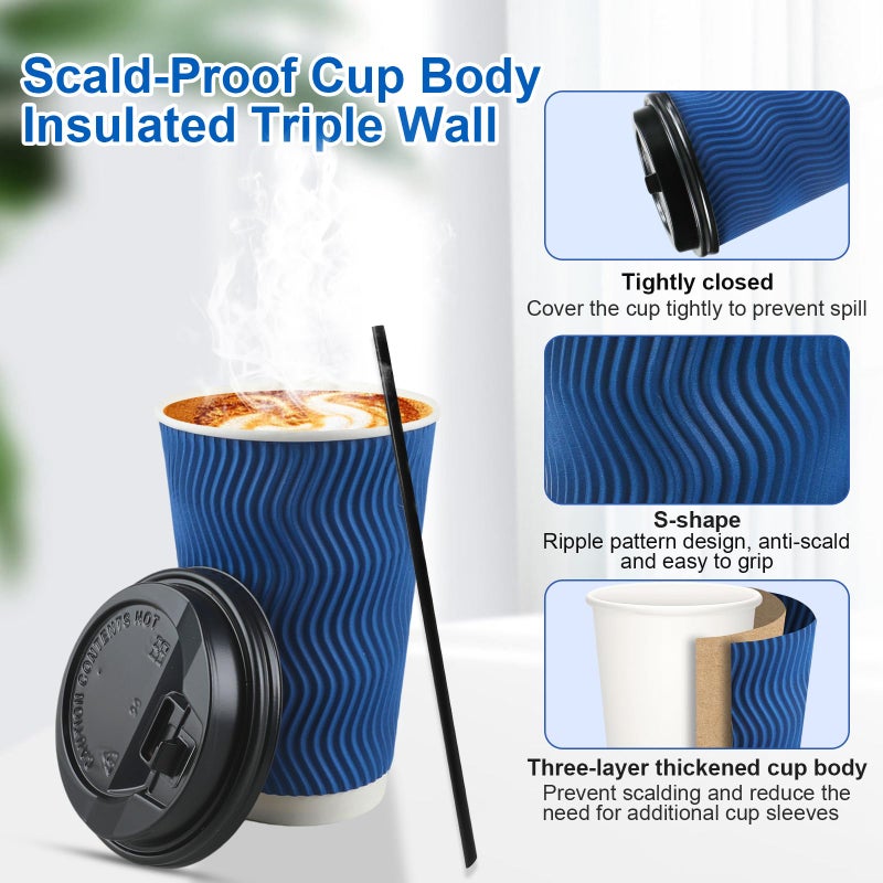 RAZCC Coffee Cups, 90 Pack 16 oz Disposable Blue Insulated Paper Cups, Corrugated Kraft Ripple Wall Cup, Comes with lids and straws Suitable for Hot and Cold Drinks - Image 3