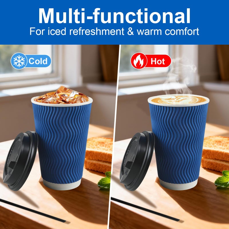 RAZCC Coffee Cups, 90 Pack 16 oz Disposable Blue Insulated Paper Cups, Corrugated Kraft Ripple Wall Cup, Comes with lids and straws Suitable for Hot and Cold Drinks - Image 5