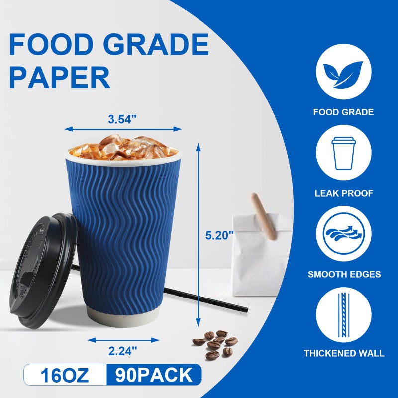 RAZCC Coffee Cups, 90 Pack 16 oz Disposable Blue Insulated Paper Cups, Corrugated Kraft Ripple Wall Cup, Comes with lids and straws Suitable for Hot and Cold Drinks - Image 2