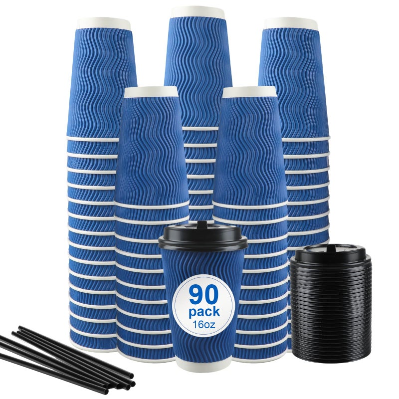 RAZCC Coffee Cups, 90 Pack 16 oz Disposable Blue Insulated Paper Cups, Corrugated Kraft Ripple Wall Cup, Comes with lids and straws Suitable for Hot and Cold Drinks - Image 1