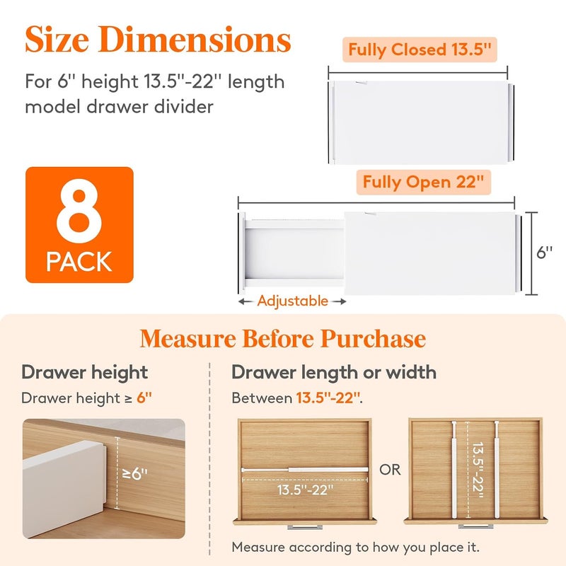 Lifewit Plastic Drawer Dividers Pack,Adjustable Drawer Organizers,Expanding Drawer Separators for Bedroom/Bathroom/Kitchen,6" High,34-50cm,8 Pieces - Image 2