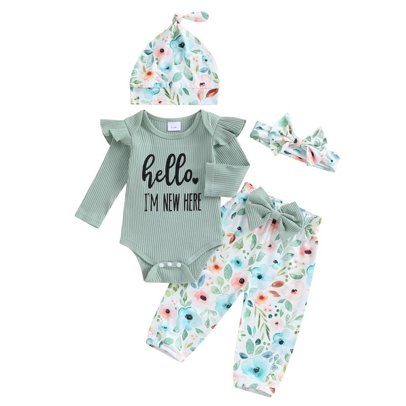 wybzd Im New Here Newborn Outfit Girl Boy Coming Home Clothes Ribbed Long Sleeve Romper Top Floral Pants Set 4pcs (Green New Here, 0-3 Months) - Image 1