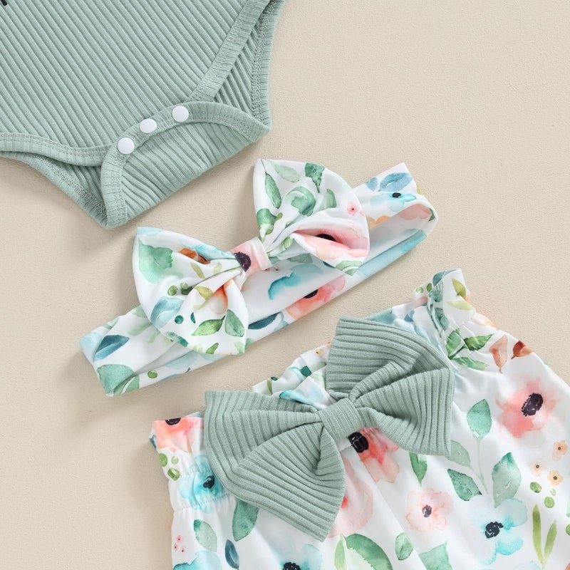 wybzd Im New Here Newborn Outfit Girl Boy Coming Home Clothes Ribbed Long Sleeve Romper Top Floral Pants Set 4pcs (Green New Here, 0-3 Months) - Image 4