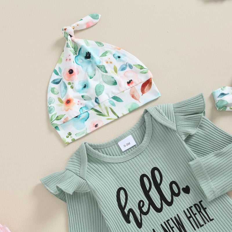 wybzd Im New Here Newborn Outfit Girl Boy Coming Home Clothes Ribbed Long Sleeve Romper Top Floral Pants Set 4pcs (Green New Here, 0-3 Months) - Image 2