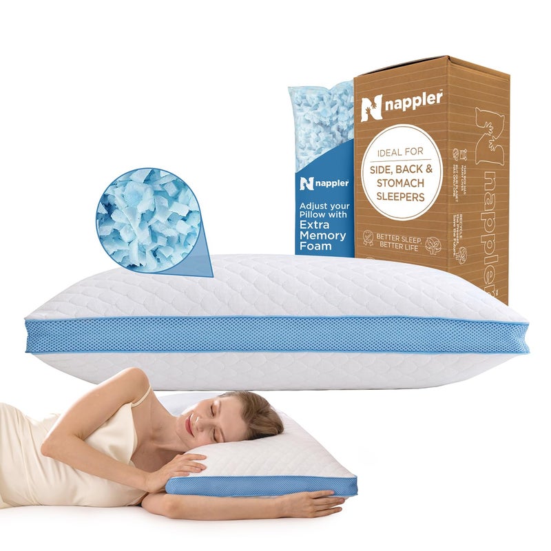 Nappler Side and Back Sleeper Pillow for Neck and Shoulder Pain Relief Shredded Memory Foam Bed Pillow for Sleeping 100 Adjustable Fill Standard Size Modal Washable Case Extra Fill Included