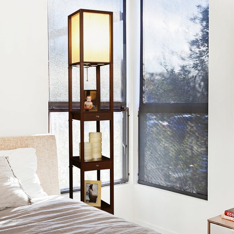 Brightech Maxwell Drawer Edition - Modern Shelf Floor Lamp with Drawer - Corner Display Floor Lamps with Shelves for Living Room, Bedroom and Office - Havana Brown - Image 4