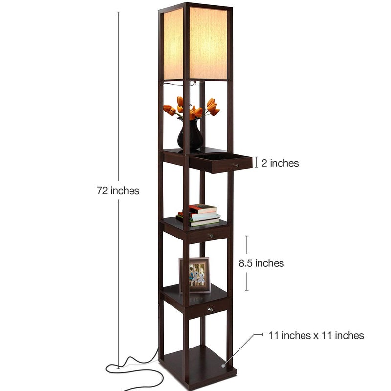 Brightech Maxwell Drawer Edition - Modern Shelf Floor Lamp with Drawer - Corner Display Floor Lamps with Shelves for Living Room, Bedroom and Office - Havana Brown - Image 2