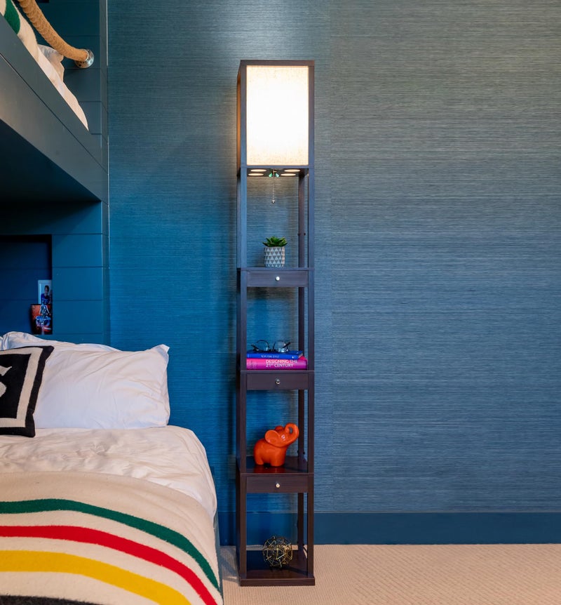 Brightech Maxwell Drawer Edition - Modern Shelf Floor Lamp with Drawer - Corner Display Floor Lamps with Shelves for Living Room, Bedroom and Office - Havana Brown - Image 5