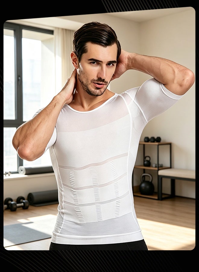 Jolly Chic Men Spring Summer Autumn Classic Breathable Stretch‑Fit Lightweight Compression Shirt Tummy Control Short Sleeve Top Plain Slimming Undershirt for Gym Running Fitness White - Image 3