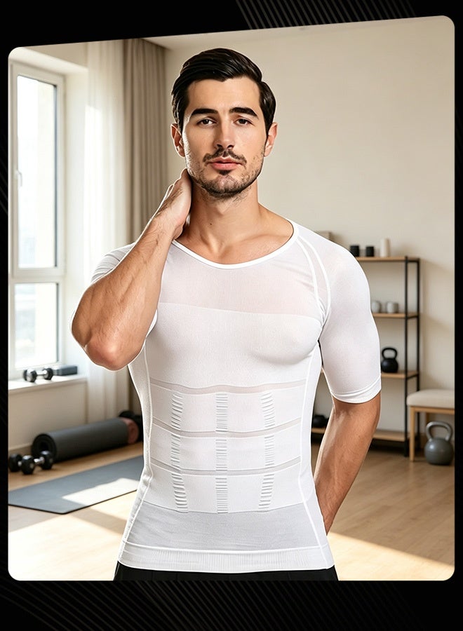 Jolly Chic Men Spring Summer Autumn Classic Breathable Stretch‑Fit Lightweight Compression Shirt Tummy Control Short Sleeve Top Plain Slimming Undershirt for Gym Running Fitness White - Image 2