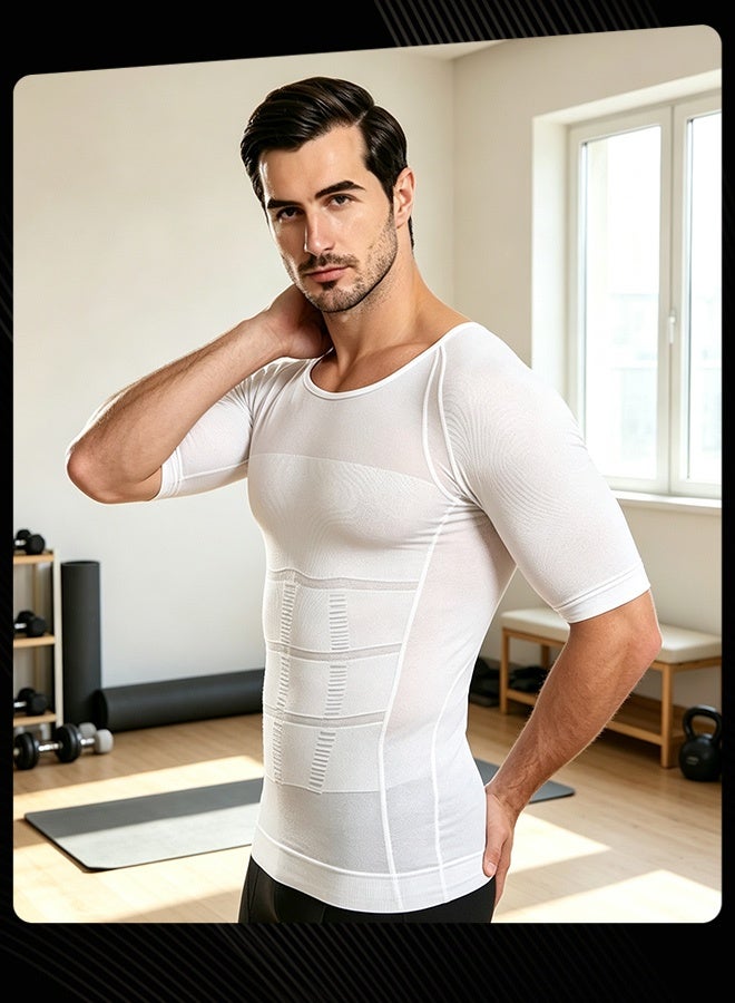 Jolly Chic Men Spring Summer Autumn Classic Breathable Stretch‑Fit Lightweight Compression Shirt Tummy Control Short Sleeve Top Plain Slimming Undershirt for Gym Running Fitness White - Image 4